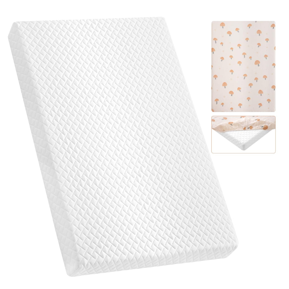 voomf pack n play mattress pad top view shows compact, comfortable sleep surface.