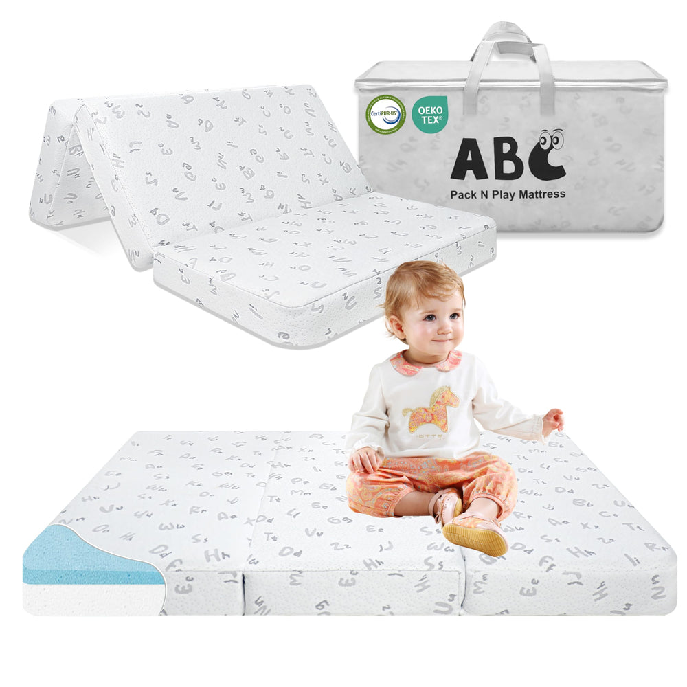 voomf trifold pack n play mattress folded in travel bag for travel