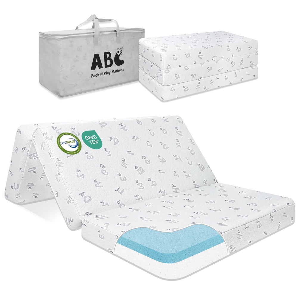 voomf Trifold Pack N Play Mattress flat lay with breathable fabric for cozy baby naps