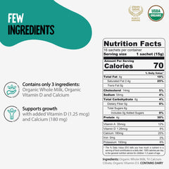 Organic toddler milk powder packet with dairy-forward organic ingredients.