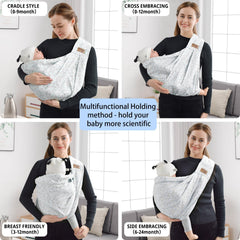 VRBABIES sling demonstrates four carry positions for growing child bonding.