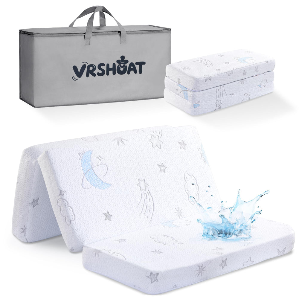 VRSHOAT Trifold Pack and Play Mattress folded for travel, space-saving portability.
