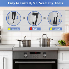 Kitchen scenario showing VZZNN knob locks preventing toddlers from turning knobs