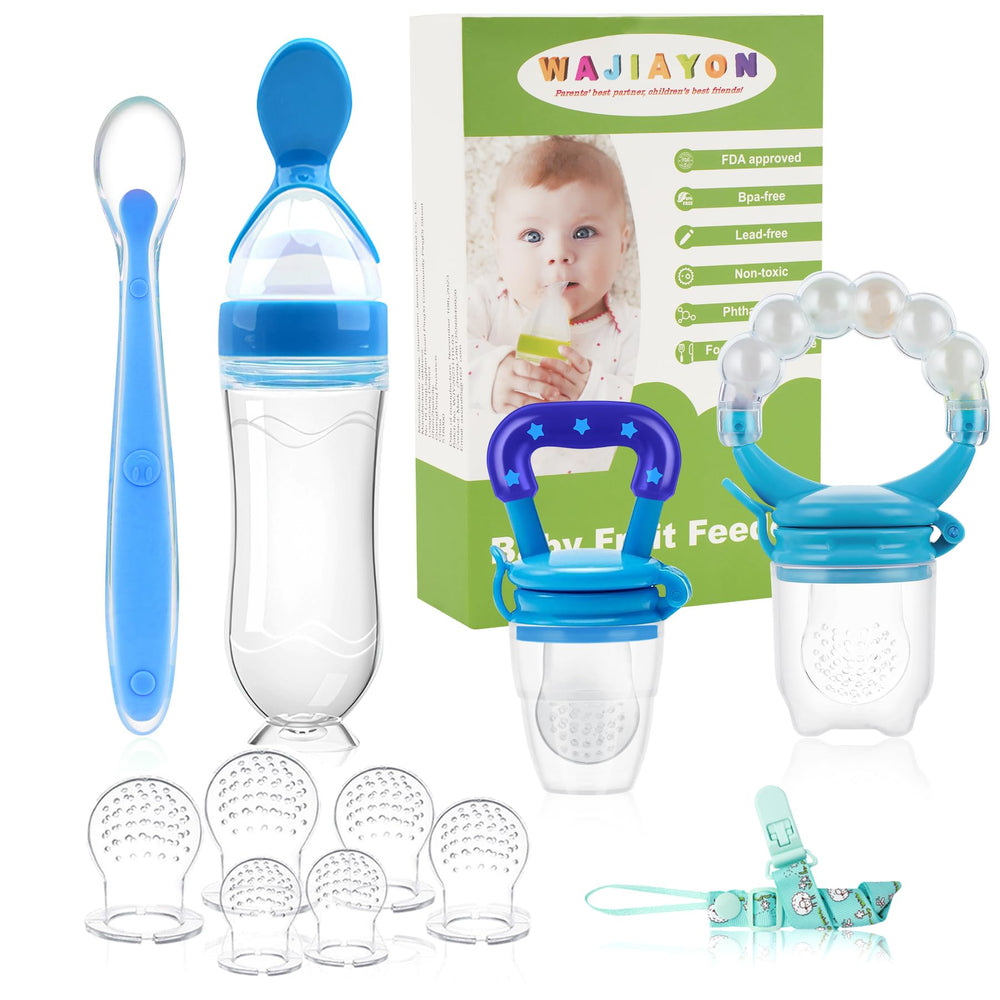 WAJIAYON fruit feeder pacifier blue packaging highlights a versatile feeding option for introducing solids