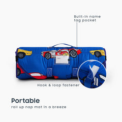 Wake In Cloud nap mat with integrated blanket blue provides warm coverage during naps.