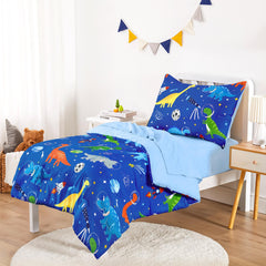 Wake In Cloud dinosaur-astronaut flat sheet closeup highlighting breathable, lightweight comfort for all seasons
