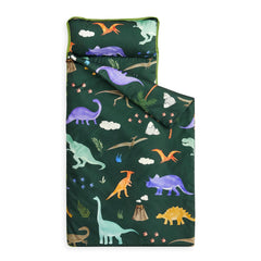 Wake In Cloud dinosaur nap mat rolled up for easy preschool travel.