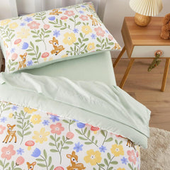 Wake In Cloud floral bedding fitted sheet spread shows elastic grip and 8 inch pocket.