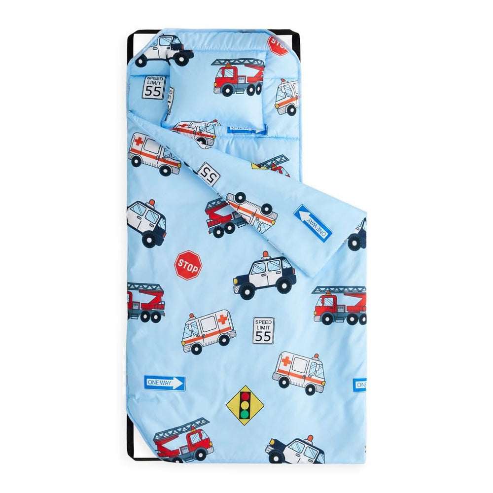 Wake In Cloud nap mat folded with pillow shows Car Rescue design for nap time