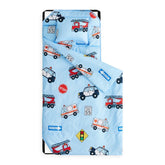 Wake In Cloud nap mat folded with pillow shows Car Rescue design for nap time