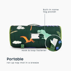 Wake In Cloud nap mat shows carry handle and name card for easy ID.