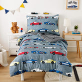 Wake In Cloud race car bedding comforter offers soft microfiber for cozy, all-season warmth.