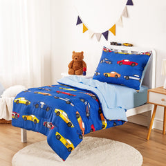 Wake In Cloud race car pattern comforter close-up highlights soft microfiber feel for cozy nights.