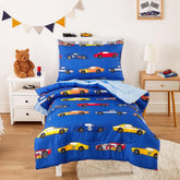 Wake In Cloud race car toddler bedding set blue image showing vibrant design for imaginative play.
