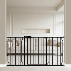 WAOWAO baby gate in a wide doorway showing easy one-handed passage