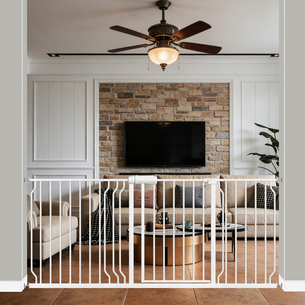 WAOWAO baby gate wide-frame closeup shows sturdy white steel construction for kids and pets.
