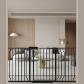 WAOWAO baby gate wide front view highlights sturdy steel construction for reliable pet and child containment.