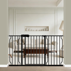 WAOWAO baby gate wide-rail black shows sturdy steel for safe containment