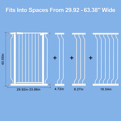 WAOWAO gate illustrates adjustable width from 29.53 to 76.77 inches.