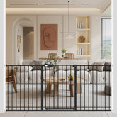WAOWAO triple-lock baby gate system showing dual top buttons and peanut locks for safe access.