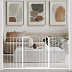 WAOWAO triple-lock gate in white metal, wide for stairs safety.