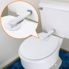 Wappa Baby toilet lock on standard lid showing secure fit.
