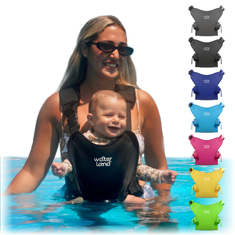 WaterLand baby carrier in black shows neoprene comfort for water and land moments