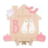 WAWUO My Little Boo Footprint Sign pink close-up keepsake for baby's first Halloween.