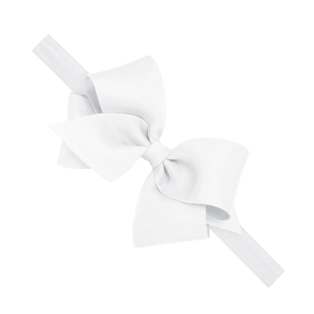 Wee Ones classic grosgrain bow close-up on white baby band, secure and adorable for daily outfits.