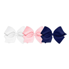 Wee Ones King Bow clip closeup highlighting durable grosgrain and secure no-slip grip.