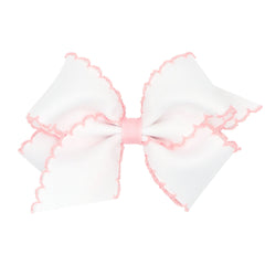 Wee Ones moonstitch bow on WeeStay clip, white with light pink edge adds everyday charm.