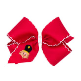 Wee Ones Moonstitch embroidery bow on WeeStay clip for secure holiday styling.