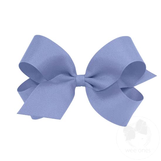 Wee Ones blue bird grosgrain bow front view showing secure all-day wear