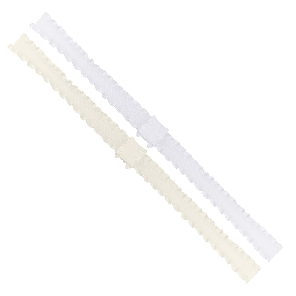 Wee Ones two-stretch satin headband in white with ruffle edge for gentle everyday wear.