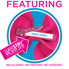Wee Ones WeeStay bow close-up in ecru showcases satin finish and fray-free edges.