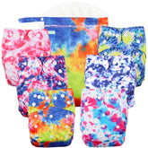 Wegreeco tie-dye cloth diaper pack shows adjustable fit for growing baby