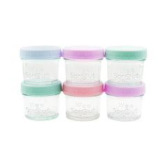 WeeSprout 4oz baby food storage jar with pastel lids, ideal for portioning meals.