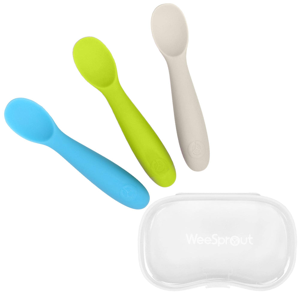 WeeSprout baby spoons pack with carrying case, easy travel storage.