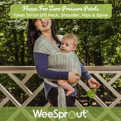 WeeSprout baby wrap distributes weight evenly for reduced shoulder and back strain.