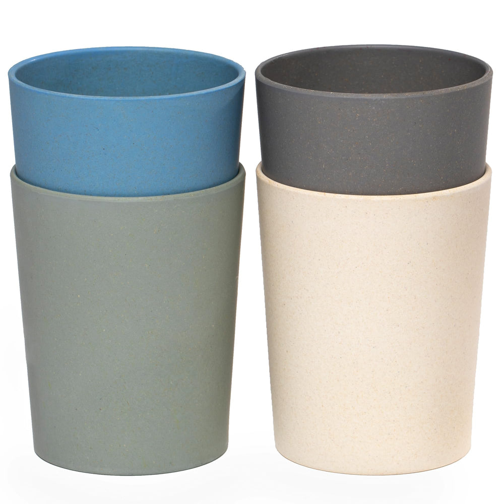 WeeSprout Bamboo Toddler Cups 4pc set on table for eco-friendly family mealtime.