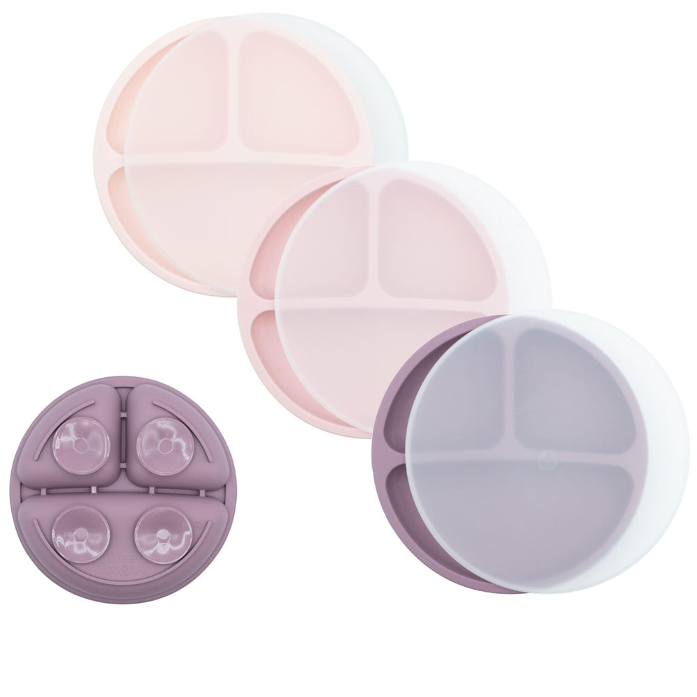 WeeSprout suction plates 3-pack in matte pink show secure placement for mess-free meals.