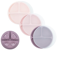 WeeSprout suction plates 3-pack in matte pink show secure placement for mess-free meals.