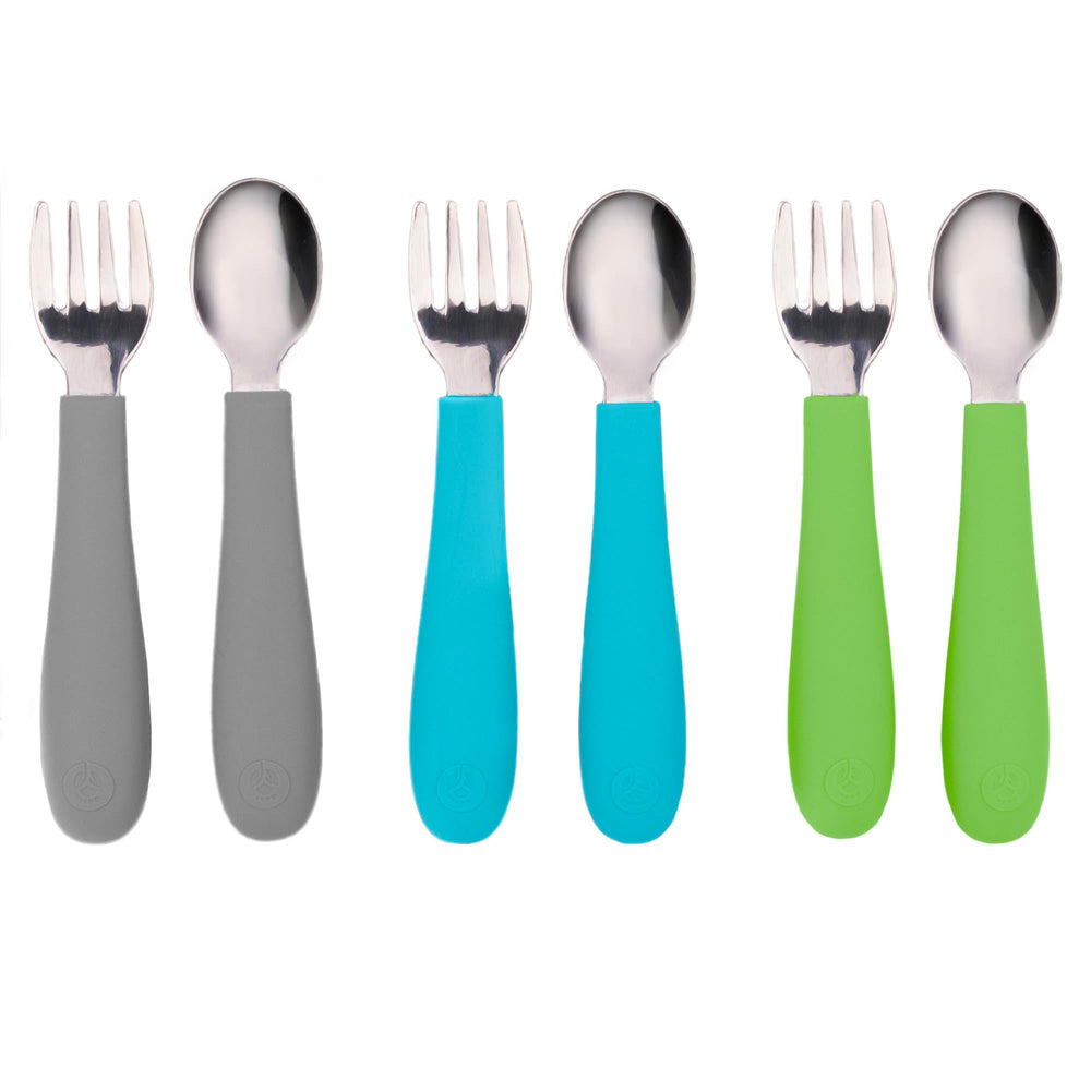WeeSprout toddler utensils set with forks and spoons for confident self-feeding.