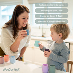 WeeSprout weighted-base stability reduces spills during independent drinking practice.