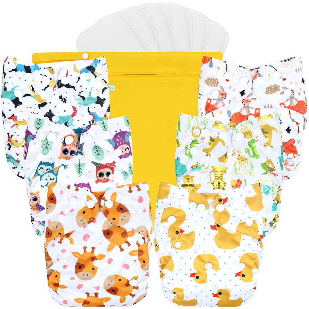 Wegreeco bright animals diapers pack with six patterns for stylish, reusable baby care.