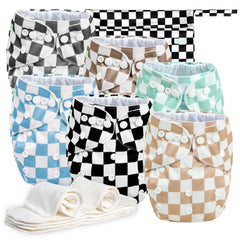 Wegreeco Checkerboard diaper pack shows six reusable diapers for everyday gentle wear.