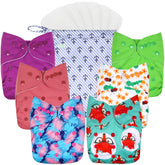 Wegreeco cloth diapers pack with six differing patterns for newborns to toddlers.