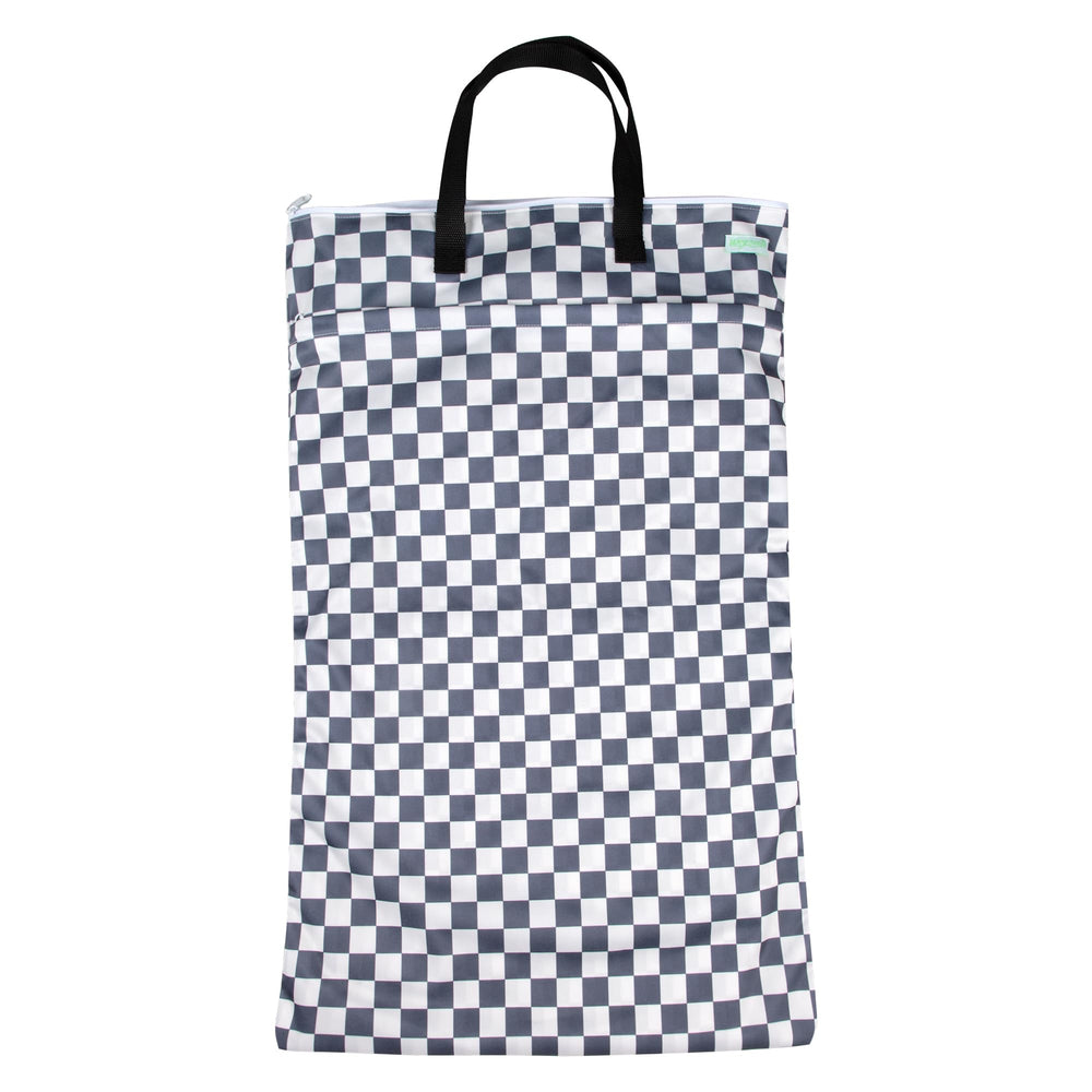 Wegreeco checkerboard grey hanging wet/dry bag dual pockets keeps items organized.