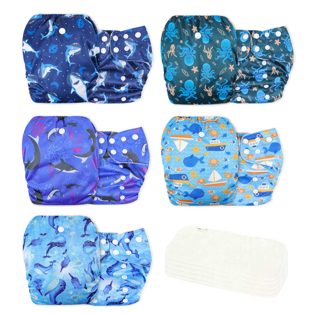 Wegreeco Ocean Adventure pack of diapers shown, durable fabric for long-term reuse