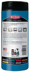 Weiman electronic wipes canister back label highlights 30-count convenience for electronics.